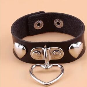 Black Leather Choker with Silver Heart Accents